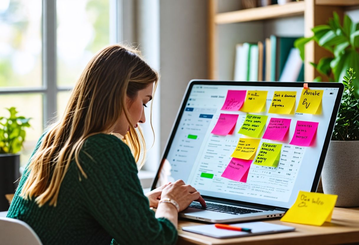 A woman in her 30s reviews real estate listings in her home office.