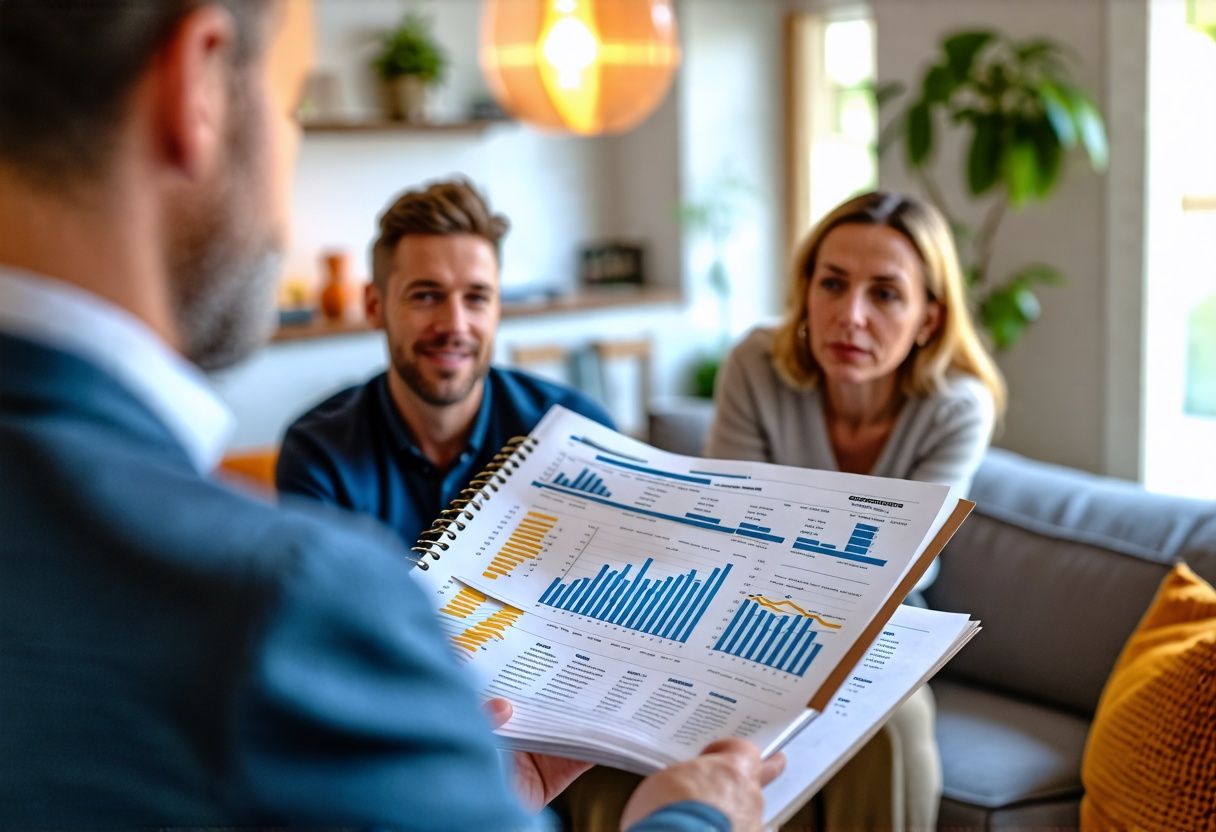 A male buyer's agent in his 40s discussing property listings with clients.