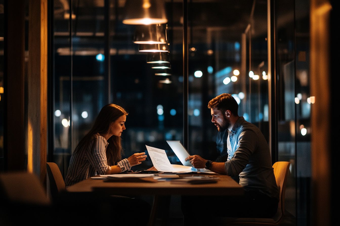 A couple in their 30s discussing real estate contracts in an office.