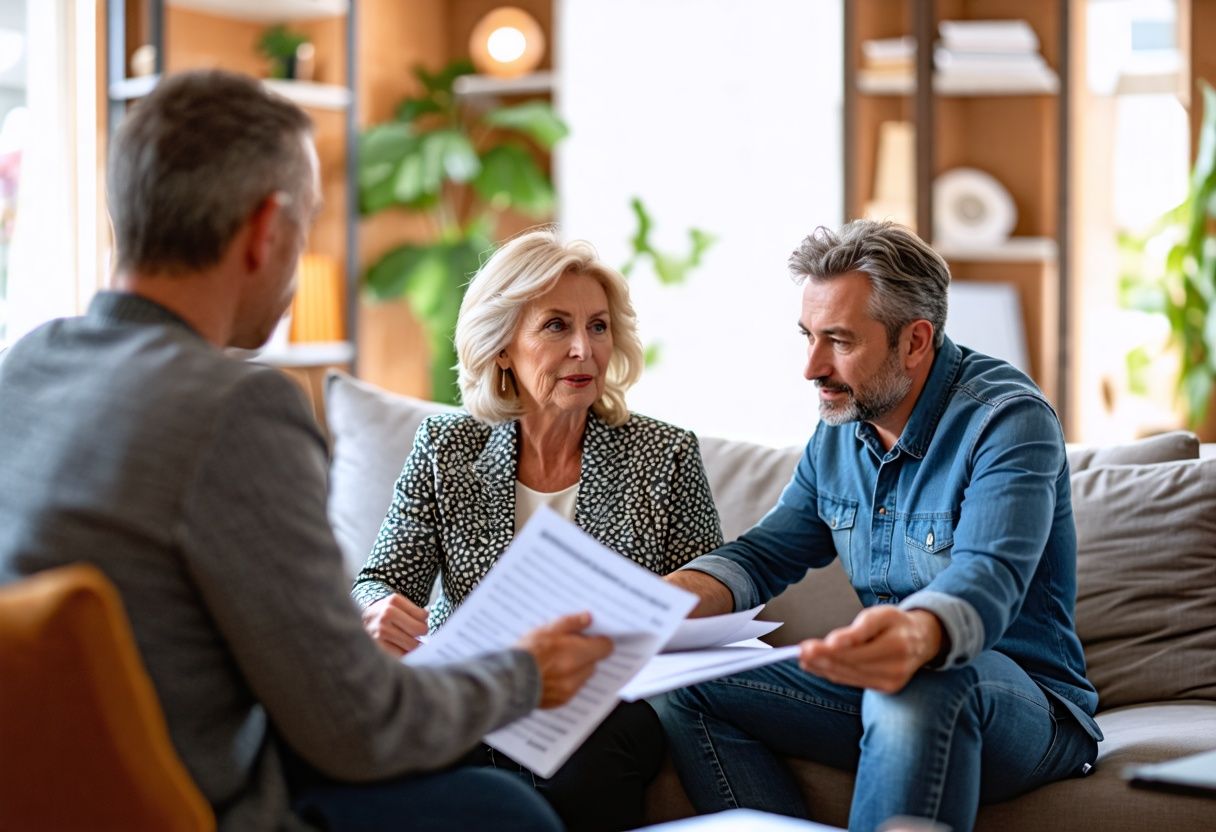 A couple discusses real estate paperwork with a realtor in a living room.