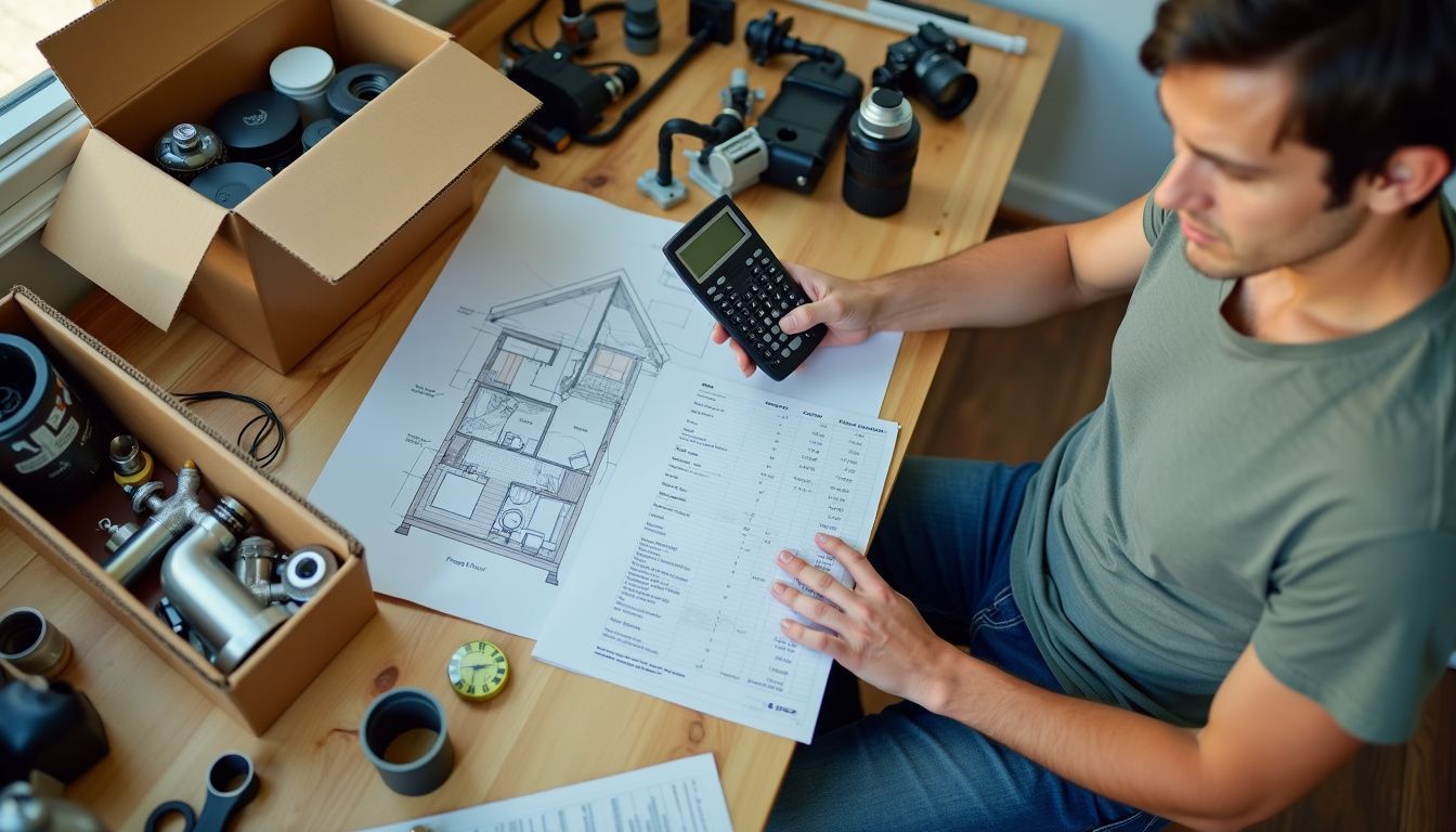 A person reviewing a tiny house blueprint and budget spreadsheet. A person reviewing a tiny house blueprint and budget spreadsheet.