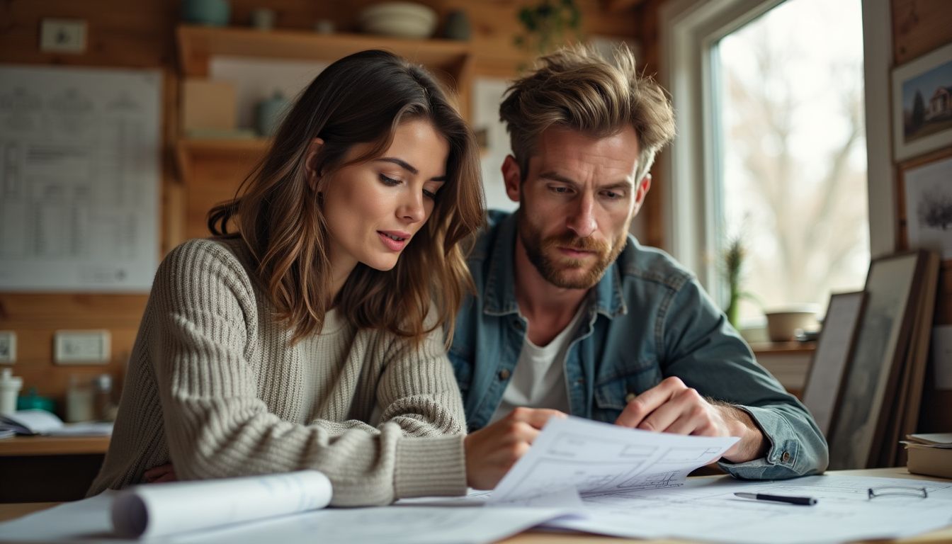 A couple discusses tiny house plans and budget in cluttered office. A couple discusses tiny house plans and budget in cluttered office.