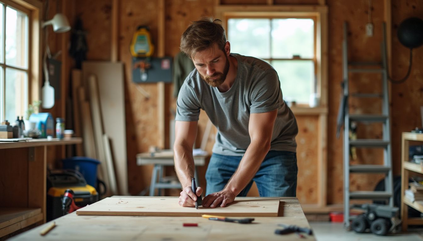 A man assembles a tiny house kit in a cluttered garage. A man assembles a tiny house kit in a cluttered garage.