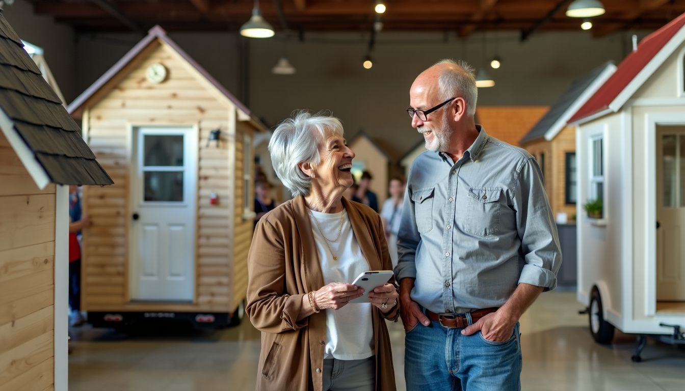 Elderly couple discusses downsizing options at a home show. Elderly couple discusses downsizing options at a home show.