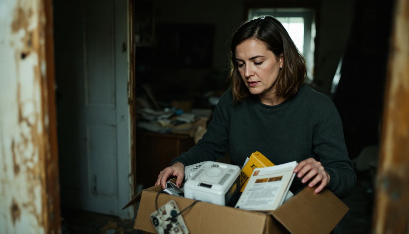 A woman in her 40s explores an abandoned foreclosed home. A woman in her 40s explores an abandoned foreclosed home.